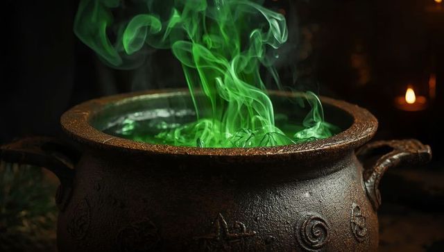 Mystical Cauldron Emitting Enchanting Green Potion Smoke