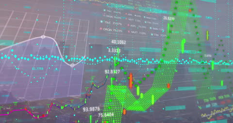 Futuristic Financial Data Visualization Overlaying Cityscape