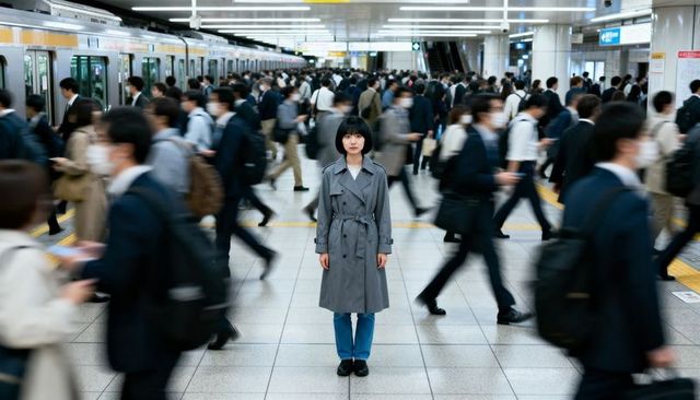 Solitary asian woman standing on busy subway platform amid rushing commuters, urban transit