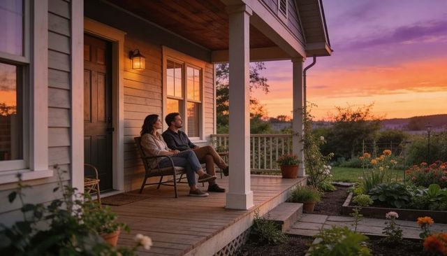 Couple relaxing on front porch at sunset with garden views and warm lantern glow