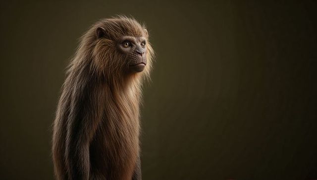 Poised simian portrait in olive green space