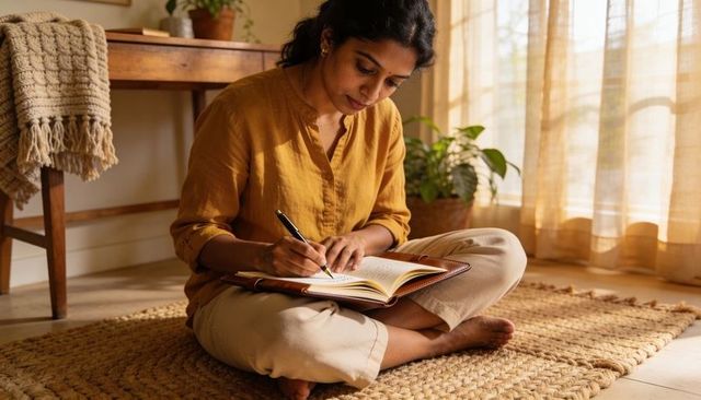 Writing woman sitting on rug journaling by sunlit window with leather journal