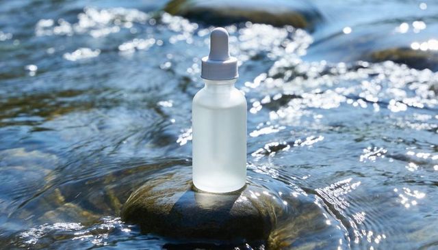 Frosted dropper bottle on river rock with sunlit water reflections for skincare branding