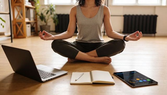 Meditating woman practicing mindfulness cross-legged at home with laptop tablet notebook