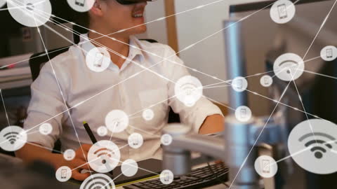 Businessman in VR Headset with Digital Network Connections