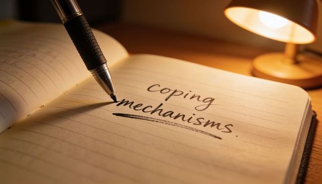 Coping mechanisms notebook closeup with pen and warm desk lamp emphasizing self-care notes
