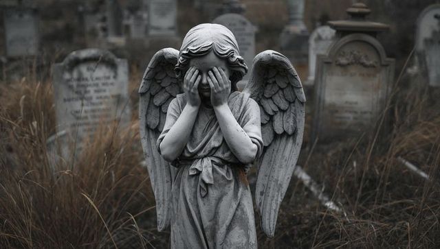 Standing stone angel covering face in overgrown cemetery among weathered gravestones