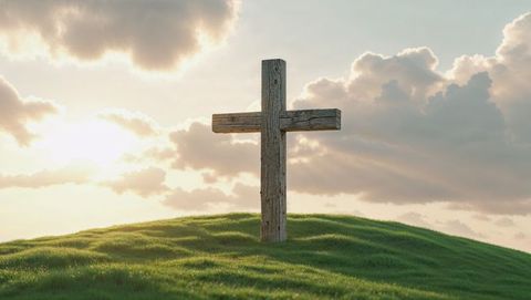 Wooden cross on hill with sunbeams at sunrise symbol of jesus