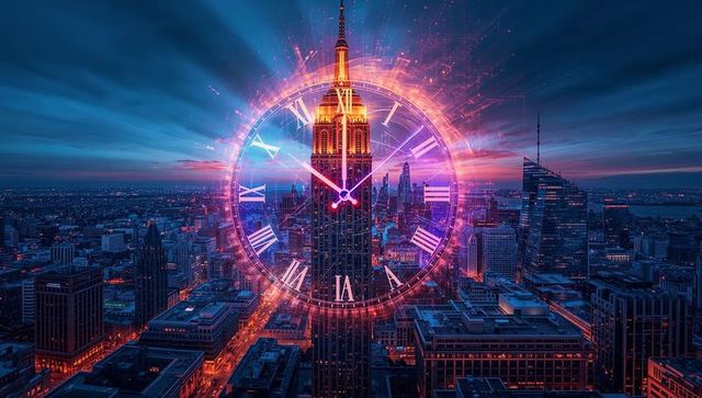 Neon Clock Overlay on Iconic Art Deco Skyscraper at Night