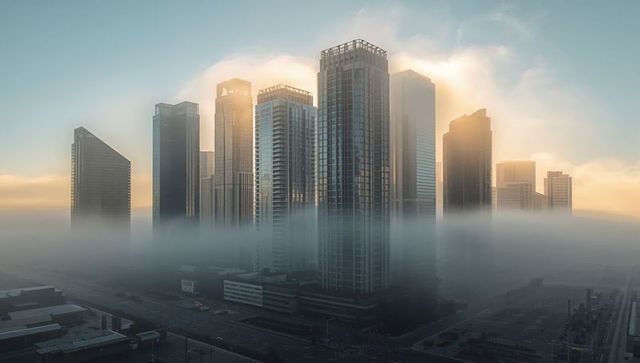 Rising Glass Skyscrapers Catching Golden Sunrise Backlight Above Layered Urban Fog and Haze