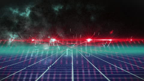 Cyberpunk Digital Grid with Neon Lights and Clouds