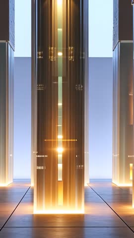 Vertical Futuristic Pillar Emitting Energy Pulses on Reflective Hall Floor, Luminous Loop