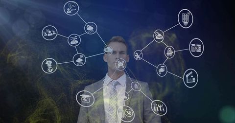 Businessman presenting holographic global network and data connectivity corporate icons