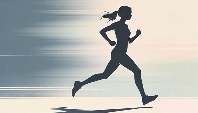 Female runner silhouette sprinting with motion blur and shadow on minimalist background