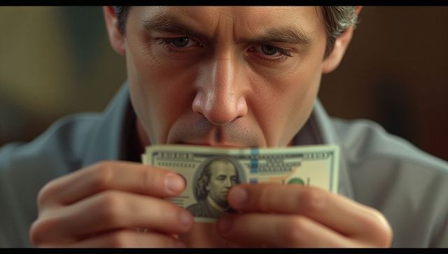Man concentrating on us hundred-dollar bill examination