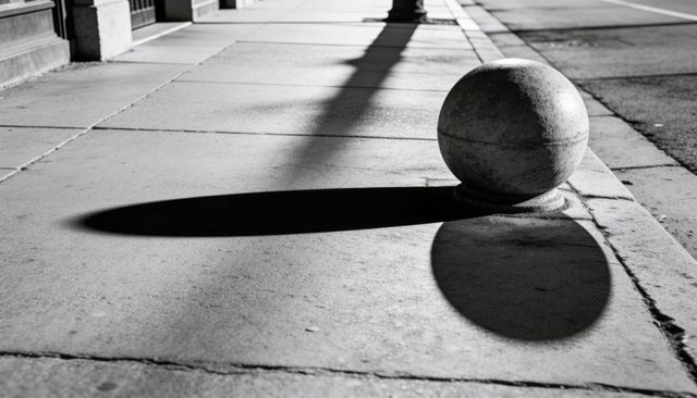 Stone bollard casting long shadow across sunlit urban sidewalk near curb and post