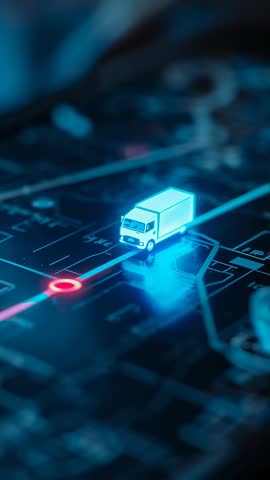 Gliding cyan delivery truck following glowing blue route on digital map with red stop node