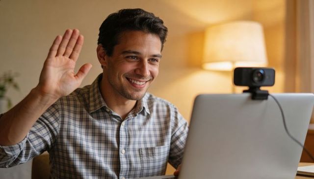 Smiling man waving during video call in cozy home office with external webcam and laptop