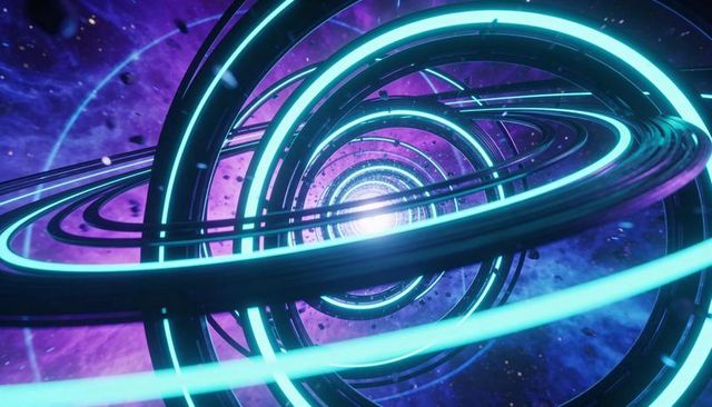 Neon ring wormhole tunnel leading into bright cosmic portal with cyan light trails, purple nebula