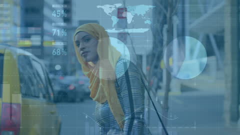 Woman in Hijab Using Smartphone with Digital Data Overlay