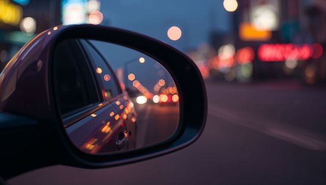 Urban night journey reflected in side-view mirror