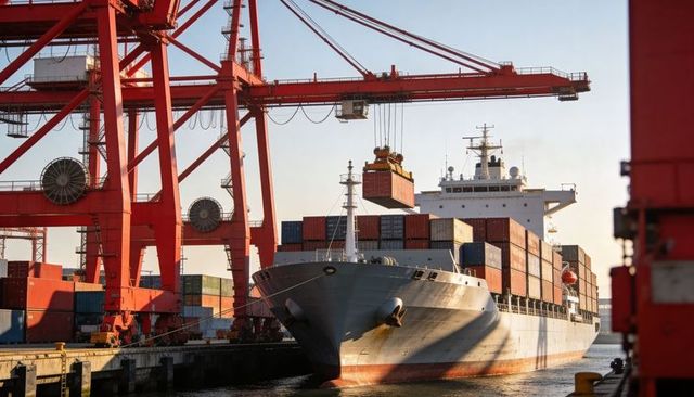 Container ship docking while gantry cranes lifting containers at maritime cargo terminal