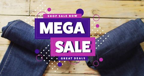 Mega Sale Text Overlay on Denim with Wooden Rustic Background