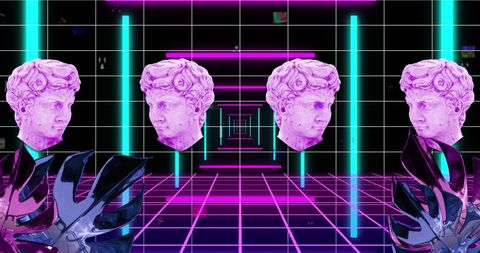 Vaporwave aesthetic: neon sculptures over tropical patterns