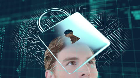 Digital Data Security Concept with Virtual Lock and Caucasian Man