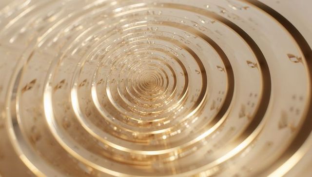 Spiraling gold ring tunnel with reflective flecks creating glossy concentric luxury vortex