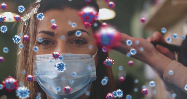 Woman Wearing Face Mask in Hair Salon with Virus Particles Around Representation - Download Free Stock Images Pikwizard.com