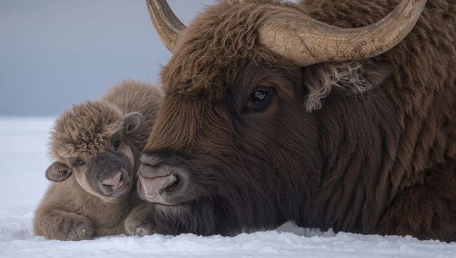 Muskox adult and calf huddling on snowy tundra, closeup of curved horns and shaggy fur
