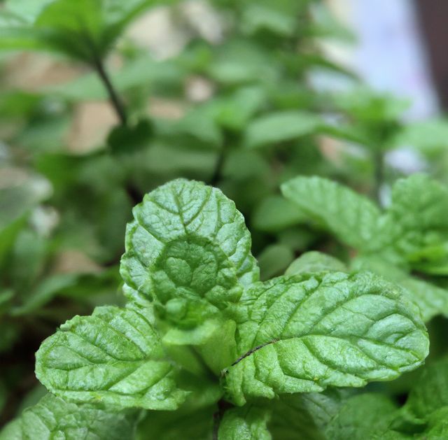 Image of close up of fresh green leaves of mint plant. Plants, herbs and nature concept.