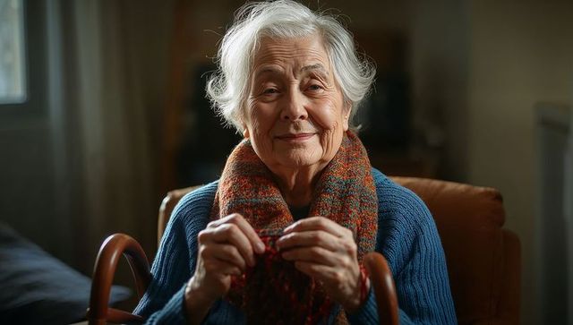 Elderly woman knitting cozy scarf with calm expression indoors