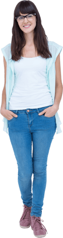 Confident happy woman standing hands in pockets on transparent background