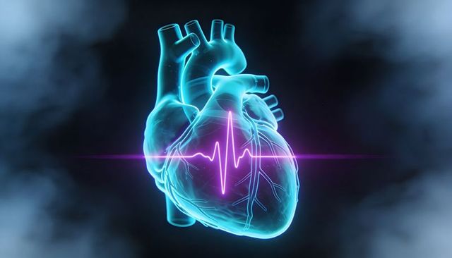 Translucent 3d human heart with neon ecg waveform and holographic coronary vessels