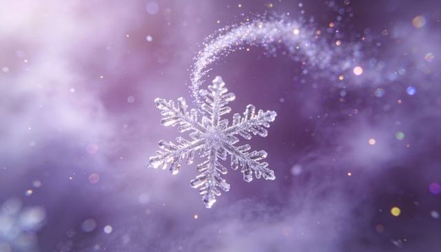 Glittering crystalline snowflake macro floating in purple bokeh frost with sparkling trail