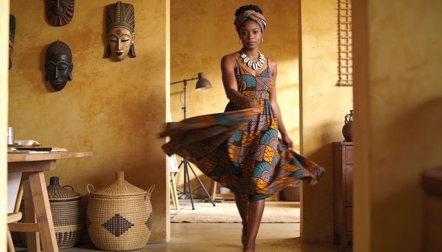 Twirling woman wearing vibrant printed dress and headwrap, shell necklace, sunlit interior