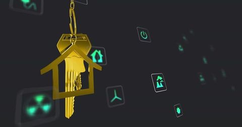 Shining gold house keychain holding keys over dark tech background with teal glyphs