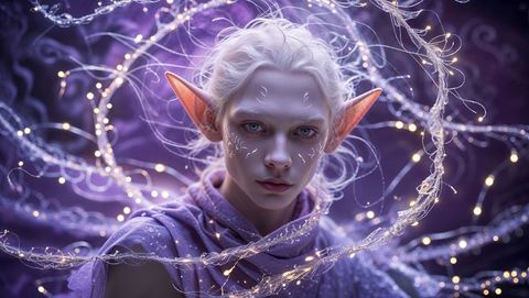 Ethereal elf spellcaster wielding mystical energy in enchanted realm