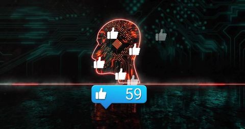Digital Circuit Head with Thumbs-Up Icons Reflects Connectivity Future