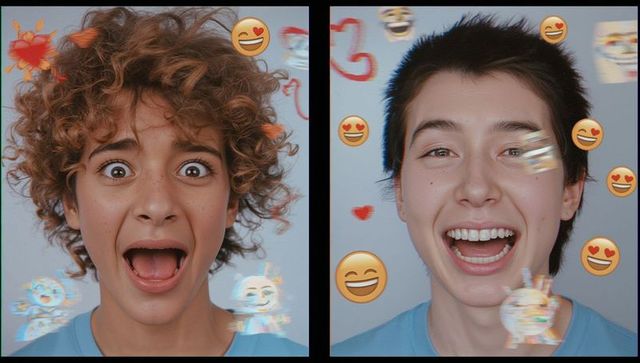 Teen Friends Reacting with Emoji Expressions in Studio