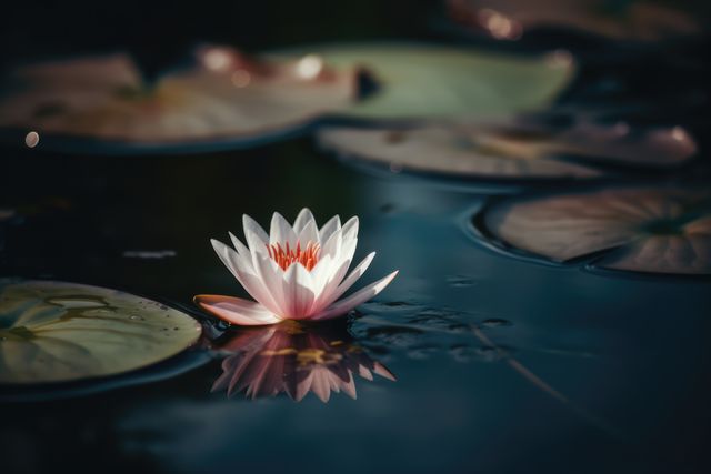 White lotus flower surrounded by lily pads in a calm pond. Perfect for promoting relaxation and mindfulness. Ideal for meditation materials, nature appreciation, spa and wellness centers, or artistic decor emphasizing peace and natural beauty.