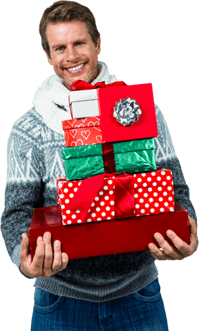 Joyful Man with Gift Boxes in Transparent Background