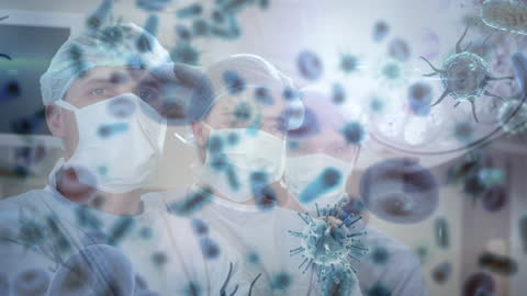 Surgeons in Theatre with Overlapping Virus Cells Illustration
