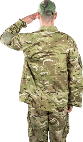 Soldier in Camouflage Standing at Attention Saluting Transparent