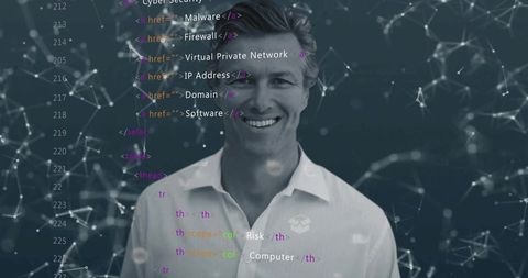 Smiling Tech Leader Wearing White Shirt Showing Cybersecurity Code Overlay and Network Nodes