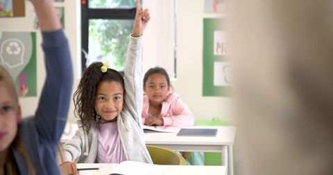 Young Student Raising Hand Attentively in Classroom