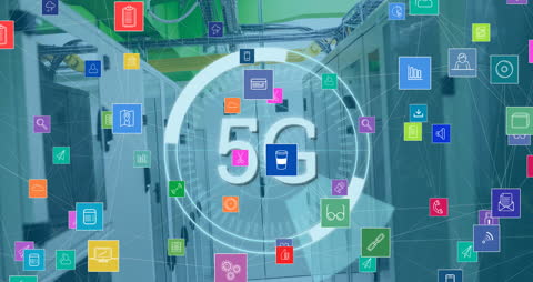 5G Network Concept in Server Room with Digital Icons