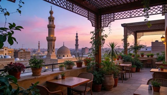 Rooftop terrace overlooking historic mosque domes at sunset with pergola and lush plants